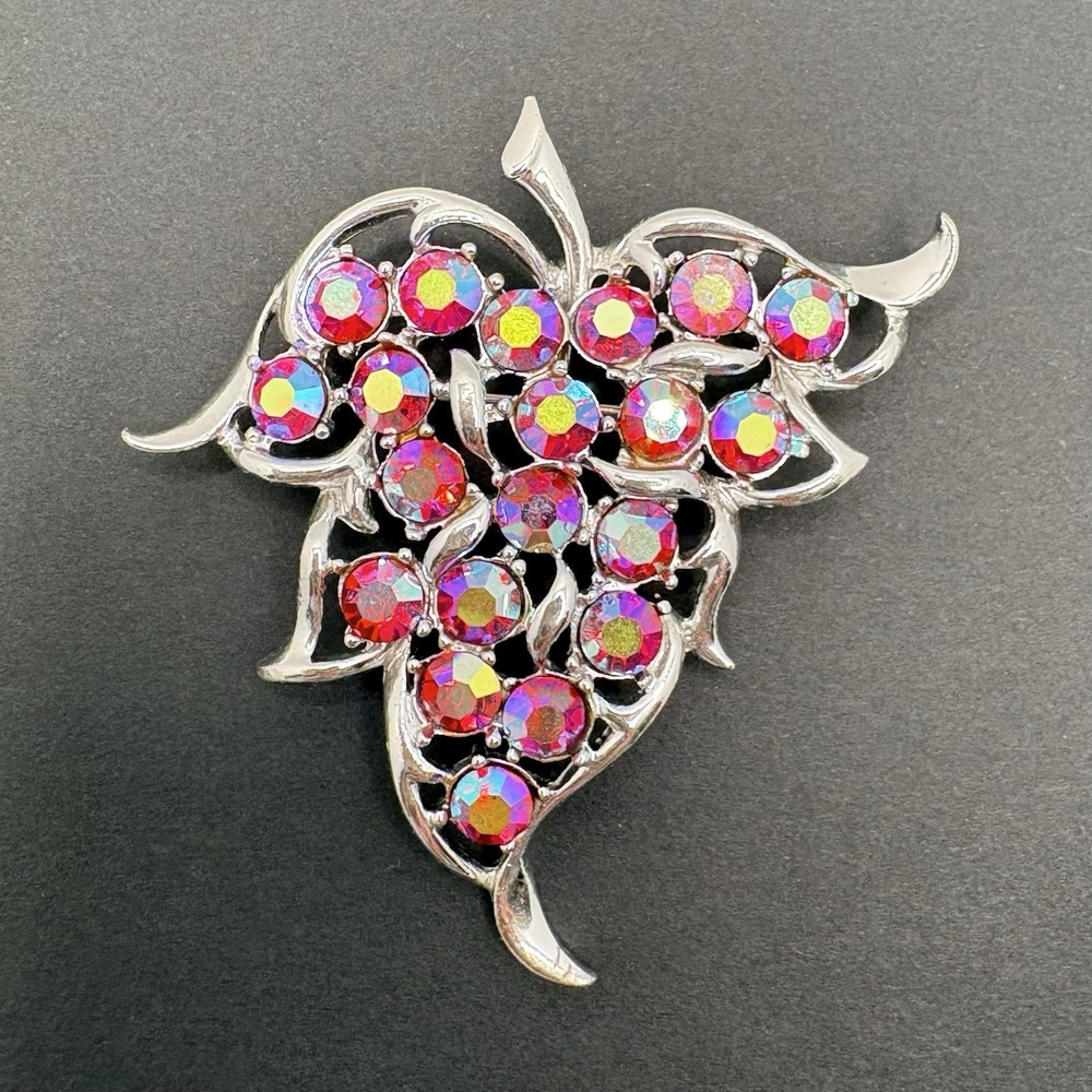 Vintage Sarah Coventry Dazzling Aurora Borealis Crystal Grape Leaf Brooch 1960s